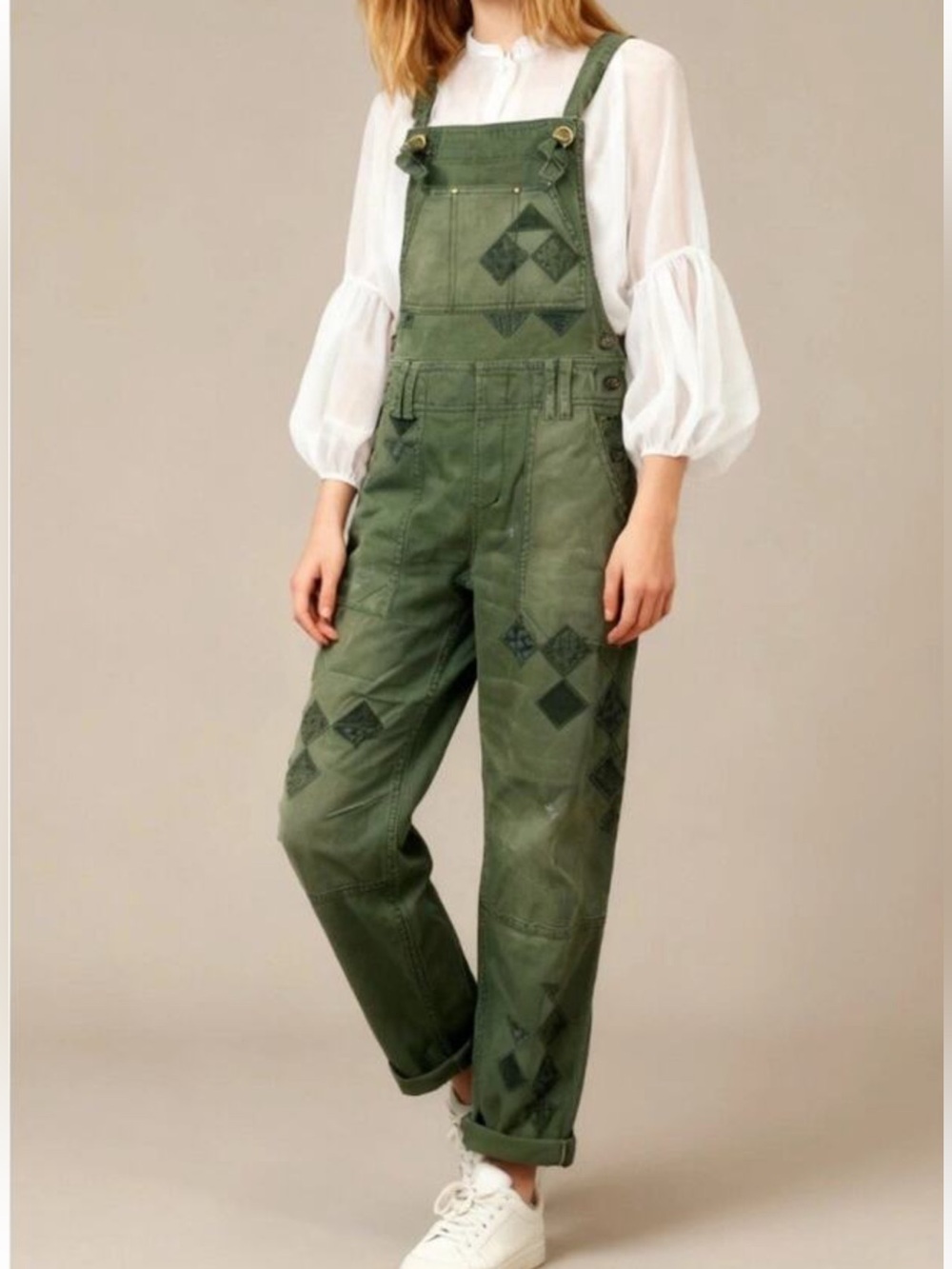 Anthropologie Pilcro the Wanderer Olive Green Patchwork Boho Overalls  Sz 28